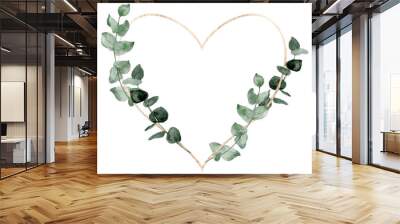 Heart-shaped leaf frame. Watercolor floral wreath made of green foliage and eucalyptus branches. PNg clipart on transparent background. Wall mural