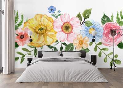 The watercolor floral arrangement features pretty hand-painted pink, yellow, blue flowers and green leaves. Wildflowers wreath for cards, invitations, greetings. PNG clipart. Wall mural