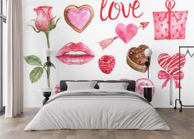 Valentine's day symbols set. Watercolor hand painted elements, isolated on white background. Pink hearts, sweets, sugar cookie, lips, rose, gift box, heart shaped lollipop, candy Wall mural