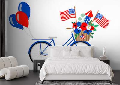 Vector patriotic bicycle illustration, isolated on white background. Blue bike with american flags, red, white, blue flowers and balloons. 4th of July holiday card. Wall mural