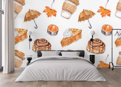 Watercolor fall favorites seamless pattern. Hand painted cinnamon rolls, pumpkin pie, coffee latte, candles, umbrella, maple leaf on white background. Autumn mood illustration. Wall mural