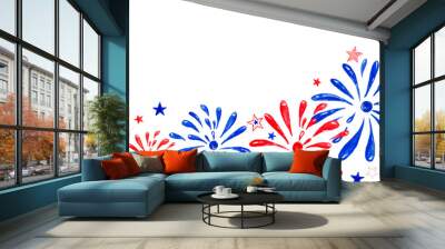 Watercolor firework saluting festival, hand painted festive banner for holiday events, memorial day, New Year, 4th of july. On white background. Wall mural