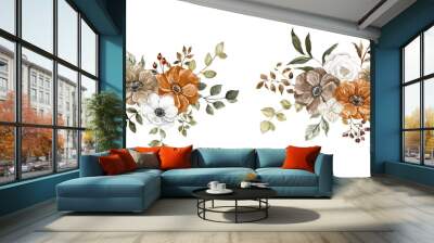 Watercolor floral bouquet set. Rust, burn orange, sepia, creme-colored flowers, and foliage painting. Wall mural