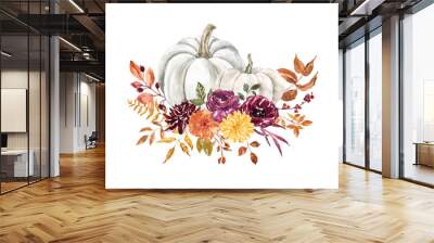 Watercolor pastel pumpkins arrangement with flowers and leaves arrangement. Fall invitation template, holiday card. hand painted botanical illustration. Wall mural