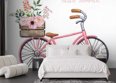 Watercolor pink vintage style bicycle with wooden box and flower bouquet. Cute city bike with floral basket illustration, isolated on white background. Hand drawn summer travel theme Wall mural