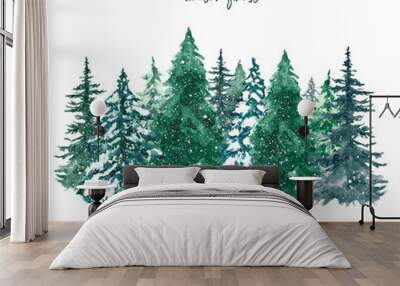 Watercolor winter pine tree forest illustration. Hand painted conifer spruce trees with falling snow, isolated on white background. Christmas themed design. Wall mural