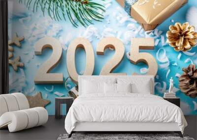 New year 2025 celebration with decorations on blue background Wall mural