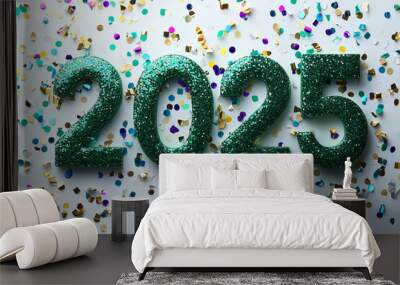 Number 2025 red on isolated white happy new year background and confetti Wall mural