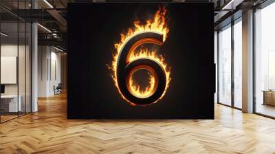 Number 6 with fire growing out isolated on solid black background. ai generative Wall mural