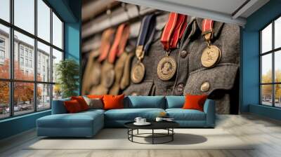 Old war medals and uniforms neatly displayed in a military museum exhibit, ideal for World War history projects or veterans' memorials. Wall mural