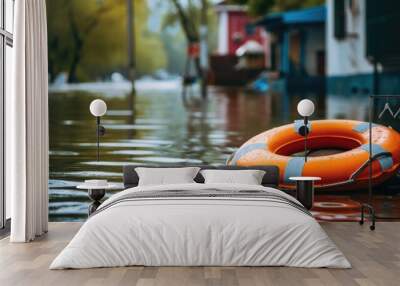 orange lifebuoy floats on the floodwaters in a residential area, symbolizing readiness and safety amidst the challenge of natural disasters. Wall mural