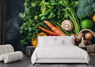 Paper bag with vegetables and fruits. Vegetarian food Wall mural