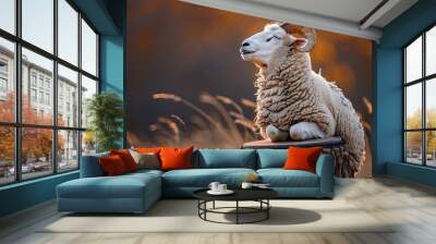 Peaceful ram relaxing on a stump in the warm sunlight Wall mural