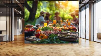 People having a barbecue picnic in summer Wall mural