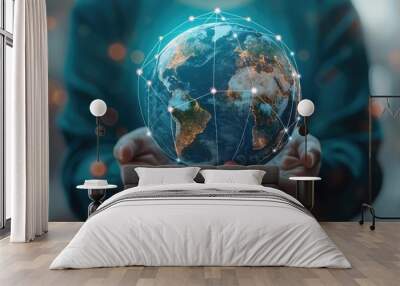 Person holding a digital globe with interconnected glowing points representing a global network. Global networking and technological advancements. Wall mural