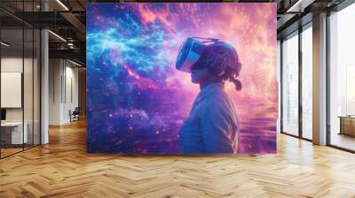 person immersed in a virtual reality experience with a colorful, abstract explosion of shapes and particles emanating from the VR headset Wall mural