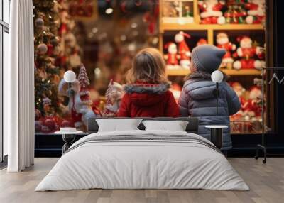 Photo of two children mesmerized by a festive Christmas window display Wall mural