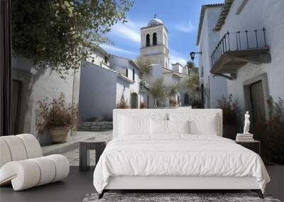 Picturesque Mediterranean village with white buildings, stone pathway, potted plants, and a beautiful blue sky on a sunny day. Wall mural