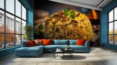 Pilaf or pilau - traditional food of Eastern countries based on boiled rice.Generative AI. Wall mural