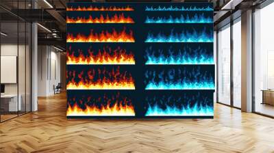 Pixel art fire. Game icons set. Comic boom flame effects for emotion. Blue and red flames. Wall mural