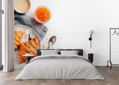 Plate with two fresh croissants, jam and coffee on white wooden table. Top view. Wall mural