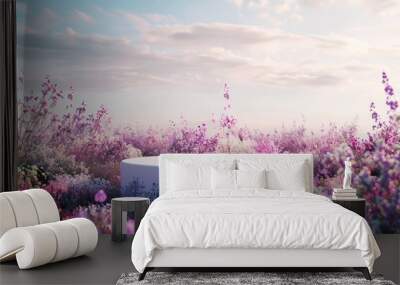 platform and Natural podium background on colorful flowes field for product display, Blank showcase Wall mural