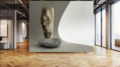 Podium for exhibitions and product presentations material stone, wood. Beautiful gray background made of natural materials. Abstract nature scene with composition. Wall mural