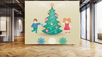 Jolly children with a christmas tree and snowflakes. Wall mural