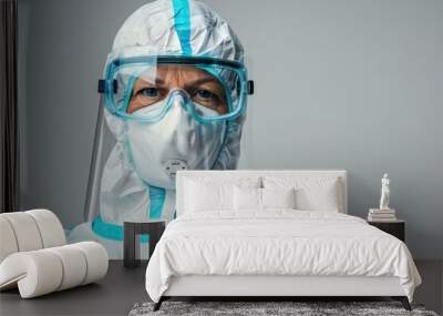 Portrait of a medical worker or doctor wearing a protective suit or suit to protect Isolated on solid white background Wall mural