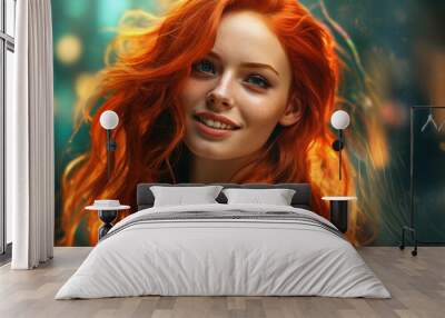 Portrait of a very cute smiling red-haired young woman. Generative AI Wall mural