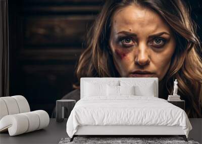 Portrait of a young woman with bruises on her face, dark background. Concept of fighting domestic violence Wall mural