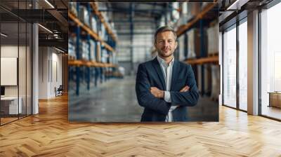 Portrait of man factory owner or manager in business suit on background warehouse. Banner industrial plant process Wall mural