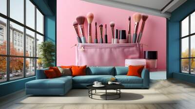 Professional beauty tools and products standing next to pink makeup bag on pastel pink background, 3D illustration Wall mural