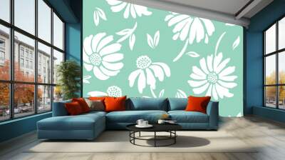 Bold graphic large scale white flowers on mint background vector seamless pattern Wall mural