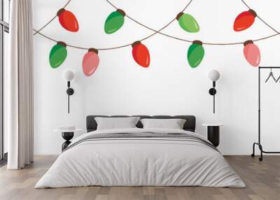 Vector Colorful Retro Holiday Christmas New Year Hanging String Lights Isolated Horizontal Seamles Border Background Wall mural