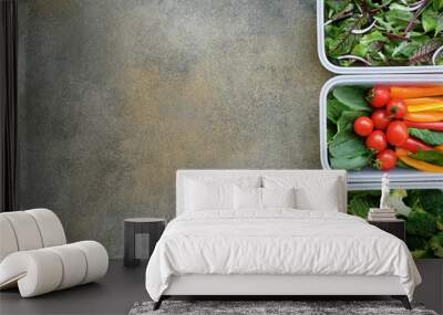  Vegan meal prep lunch box containers with spinach, tomato, pepper, broccoli, savoy cabbage, lettuce, onions Wall mural