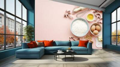 Baking ingredients and utensils on pink background. Cooking or baking cake, cookies, pastry concept. Top view, copy space Wall mural