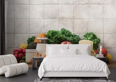 Variety of fresh organic vegetables, fruits, dairy products, salad.  Zero waste grocery shopping. Sustainable lifestyle concept Wall mural