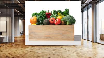 Wooden box with set of vegetables and fruits.  Concept of zero waste shopping, delivery of organic products Wall mural