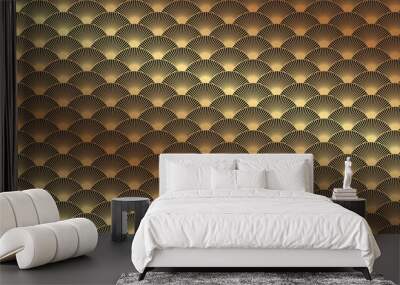 Geometric seamless pattern with golden lines and circles on a black background in art deco or chinese style. Wall mural