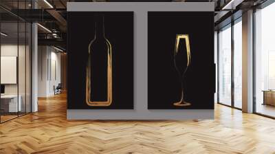 Golden luxury bottles and glasses of wine and champagne in grunge style on a black background for tasting invitation or bar and restaurant menu or banner or logo. Wall mural