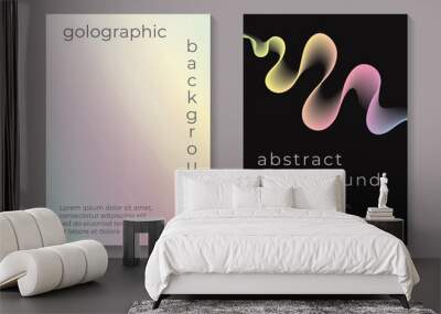 Modern abstract card templates for flyer or poster with holographic or rainbow background and sound wave on black. Wall mural