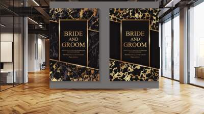 Modern abstract luxury background design or card template for birthday greeting or wedding invitation or poster with golden textures and glitter on a black background. Wall mural