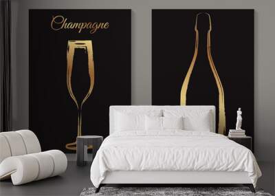 Modern abstract luxury card templates for tasting invitation or bar and restaurant menu or banner or logo with golden champagne drinking glass and bottle in grunge style on a black background. Wall mural