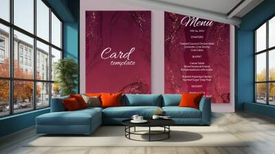 Modern abstract luxury wedding invitation design or card templates for birthday greeting or certificate or cover with red watercolor waves and copper paint splashes on a crimson background. Wall mural