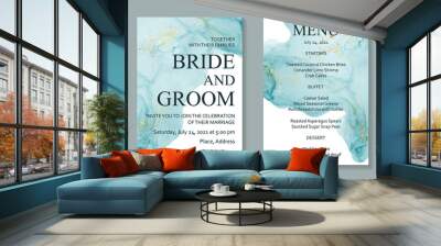 Modern abstract luxury wedding invitation design or card templates for birthday greeting or certificate or cover with teal blue watercolor waves or fluid art in alcohol ink style with gold on a white. Wall mural