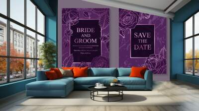 Modern luxury wedding invitation design or card template for business or presentation or greeting with rose gold roses on a purple marble background. Wall mural