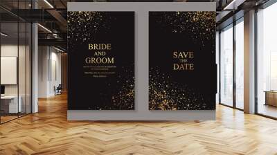 Modern luxury wedding invitation design or card templates for birthday greeting or certificate or cover with golden paint splashes on a black background. Wall mural