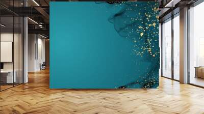 Modern watercolor background or elegant card design for birthday invite or wedding or menu with abstract teal or turquoise green ink waves and golden splashes. Wall mural