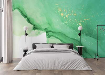 Modern watercolor background or elegant card design or wallpaper or poster with abstract green ink waves and golden splashes. Wall mural